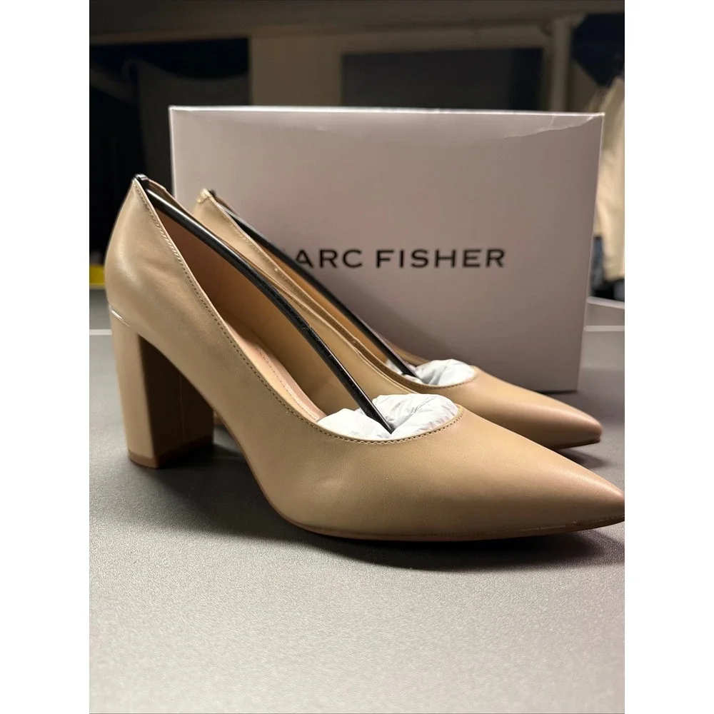Marc Fisher Viviene4 Block Heel Pumps Light Natural Leather Beige 7.5 M NEW